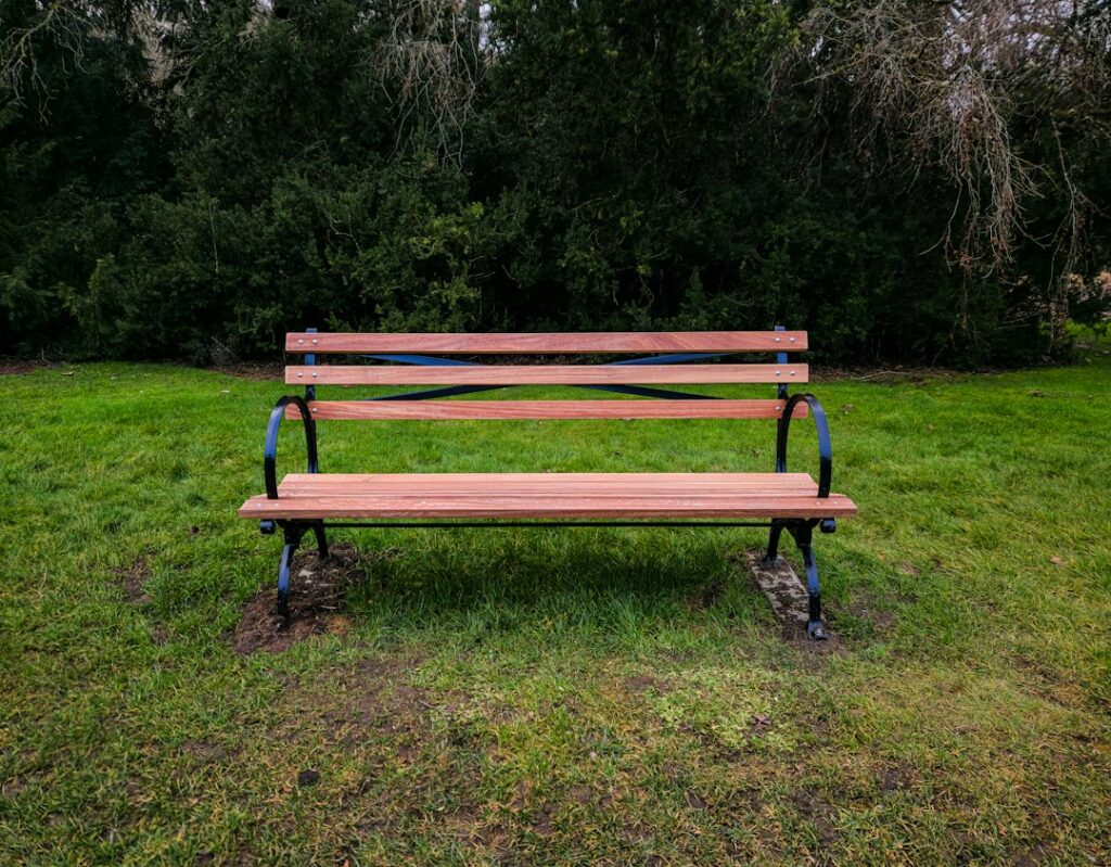 An empty wooden bench beside green trees.